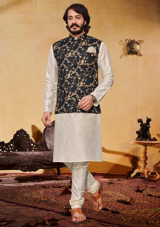 Off White Colour Mens Function Wear Jacket With Kurta Pajama Collection