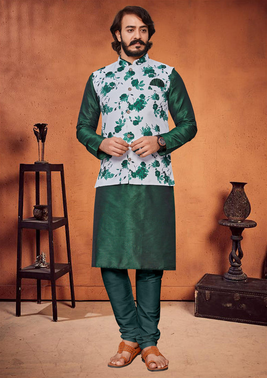 Green Colour Mens Function Wear Jacket With Kurta Pajama Collection